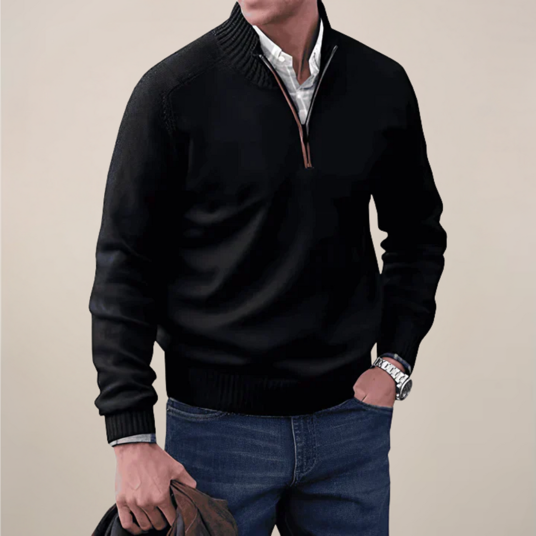 Comfortable men's half-zip pullover sweater. An all-season smart casual top for modern men's fashion.