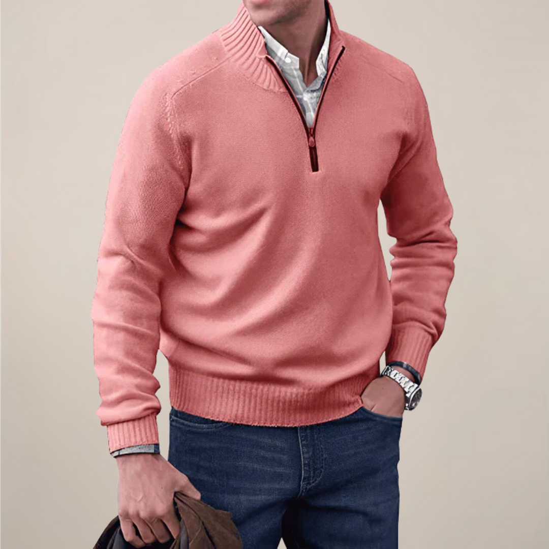 Classic men's half-zip pullover sweater, great for smart casual wear, office style, and menswear.