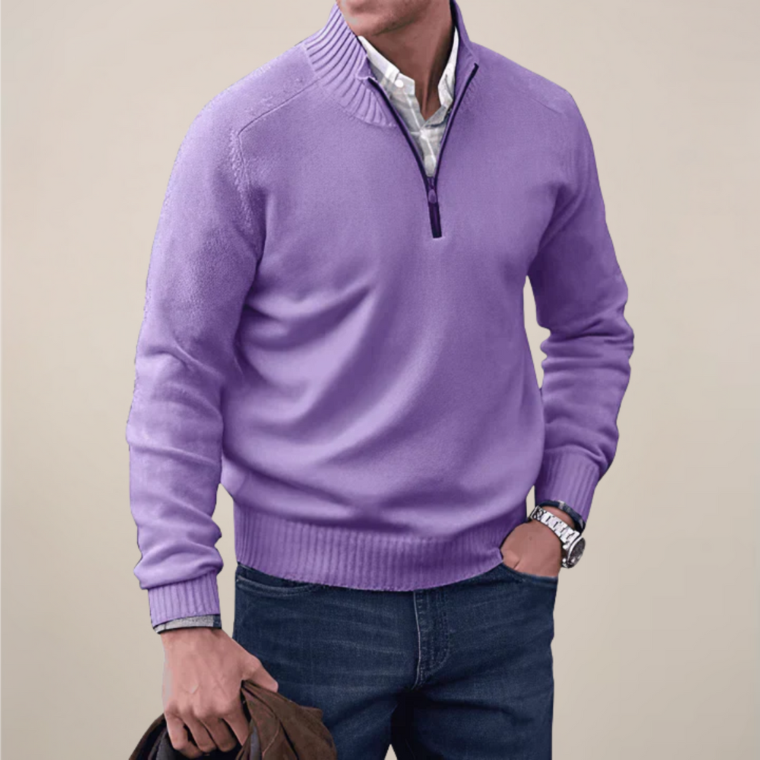 Modern men's half-zip pullover sweater, offering a smart casual look for any occasion.