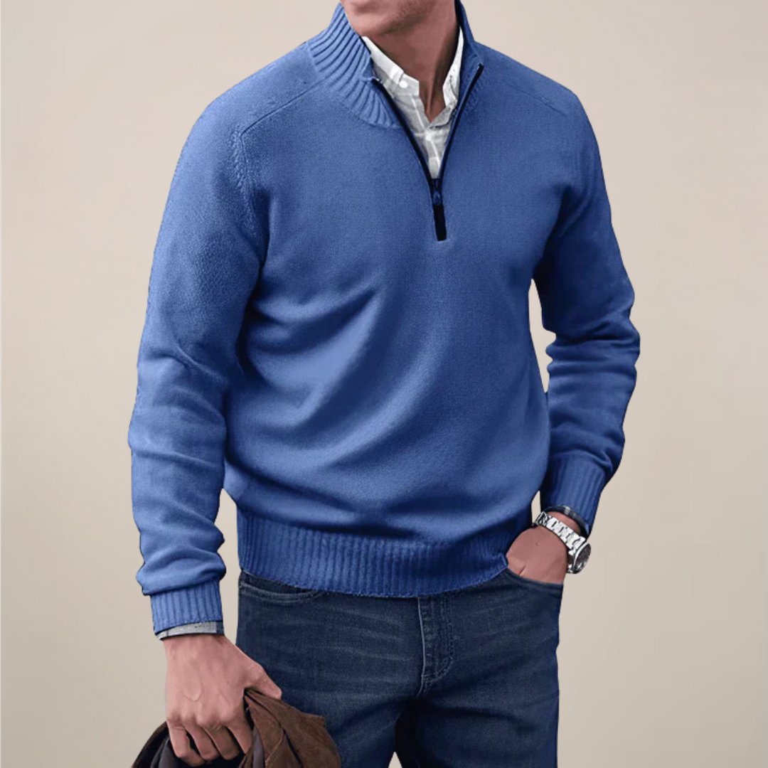 Sophisticated men's half-zip pullover sweater, perfect for smart casual layering and elegant menswear.