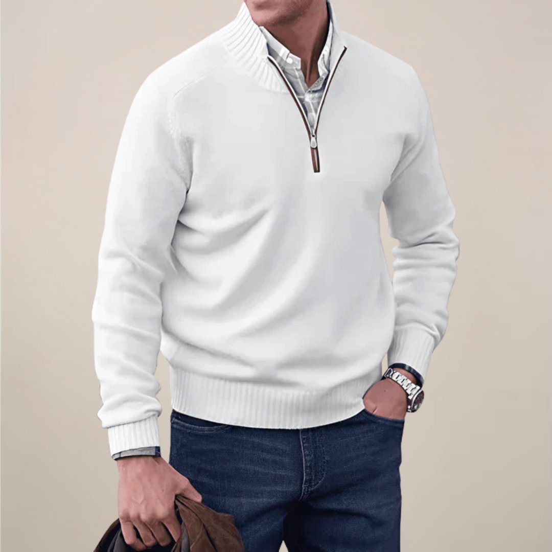 High-quality men's half-zip pullover sweater, designed for smart casual wear & all-season versatility.