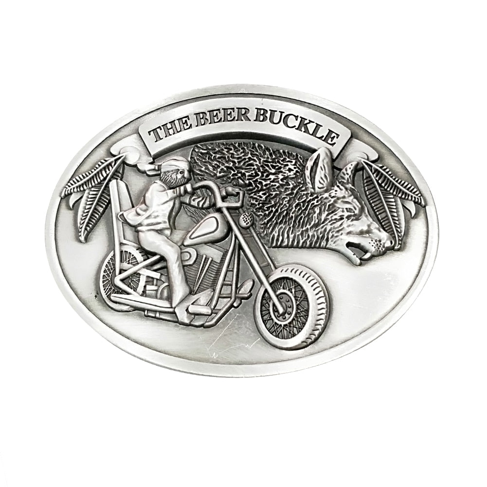 Silver men's belt buckle beer holder, designed for hands-free convenience at outdoor parties.