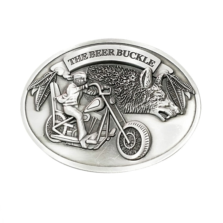 Silver men's belt buckle beer holder, designed for hands-free convenience at outdoor parties.
