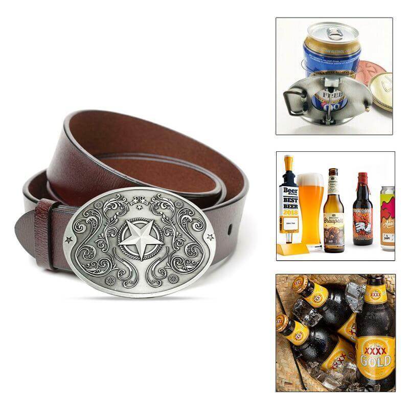Stylish men's belt buckle with an integrated beer holder, a functional party and novelty item.