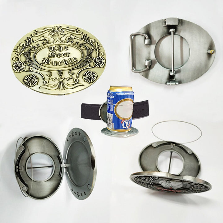 Keep your drink close with this men's hands-free belt buckle beer holder, great for festivals.