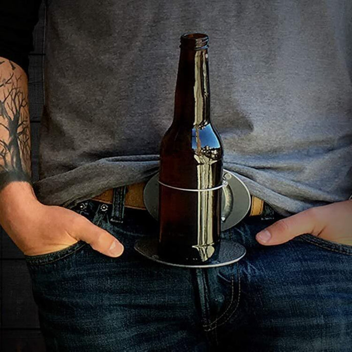 Hands-free men's belt buckle beer holder for easy drink access at tailgates & gatherings.