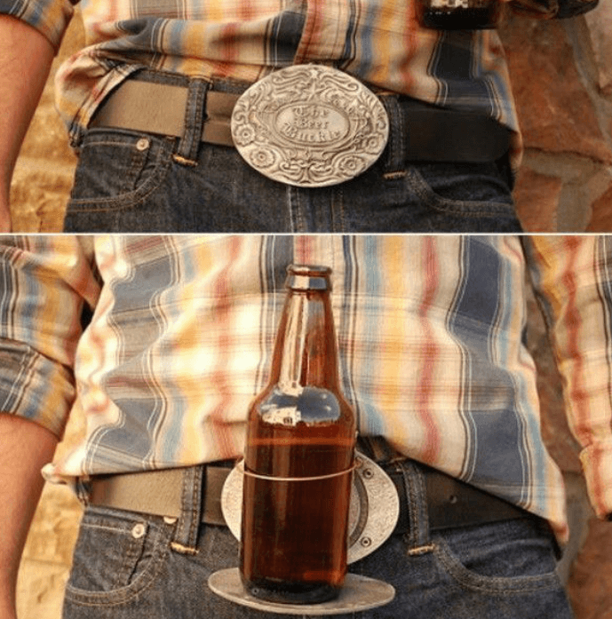 Functional fashion: Men's belt buckle beer holder, perfect for outdoor events & hands-free fun.