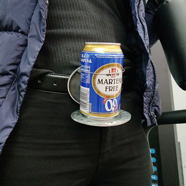 Close-up of the stylish men's belt buckle beer holder, ready for your favorite beverage.
