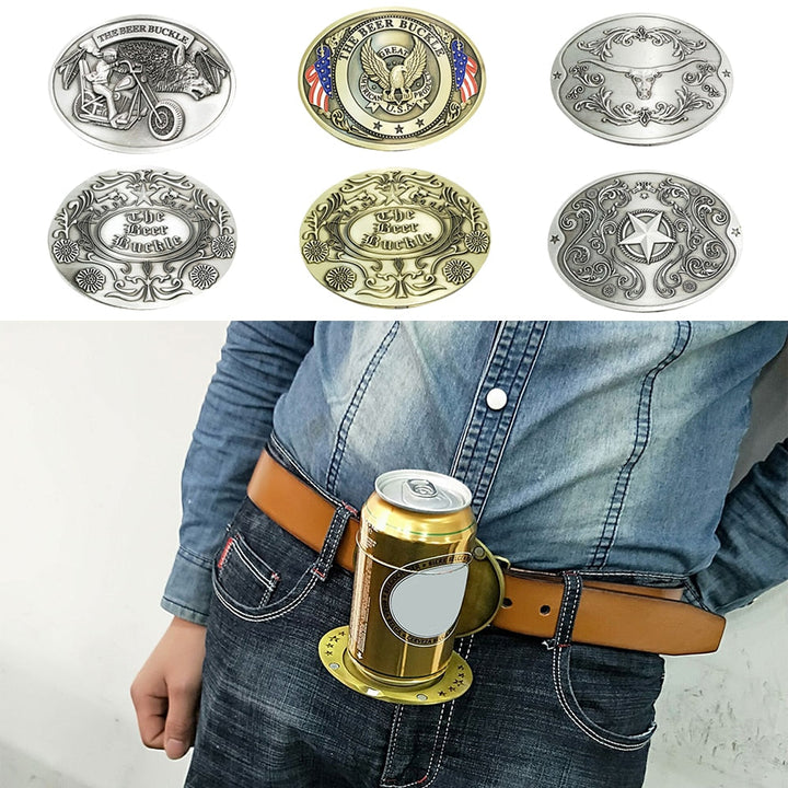 Man enjoying a party, using the hands-free belt buckle beer holder for his cold drink.