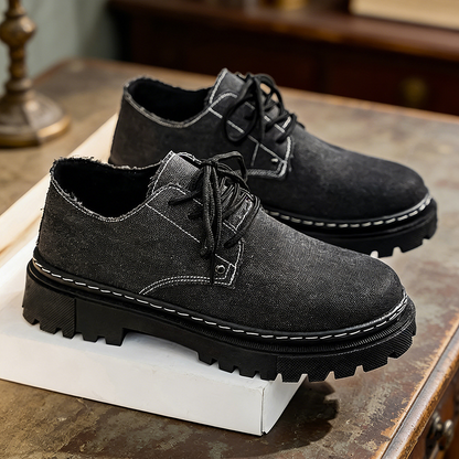 Side view: Men's Harlow frayed edge slip-on casual shoes, showcasing textured comfort.