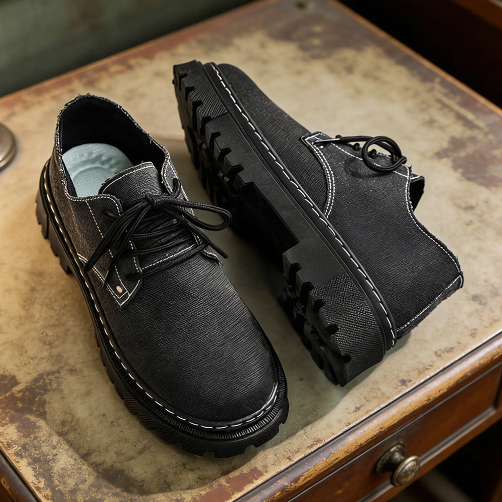 Top view: Men's Harlow slip-on shoes, highlighting the casual style & unique frayed edge.