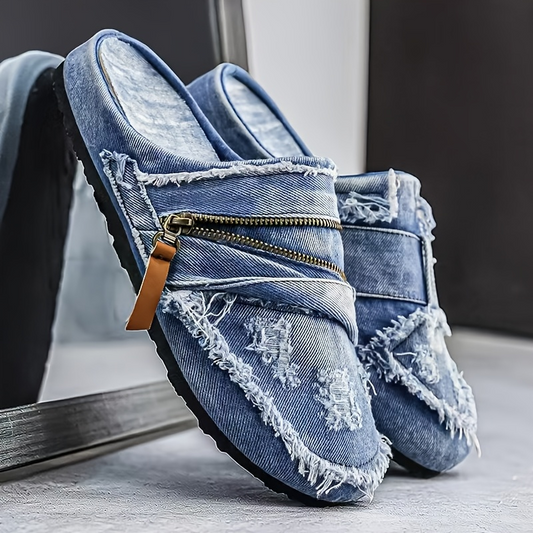 Men's Harlow Frayed Streetwear Slip-On Mules with textured distressed fabric and comfortable design.