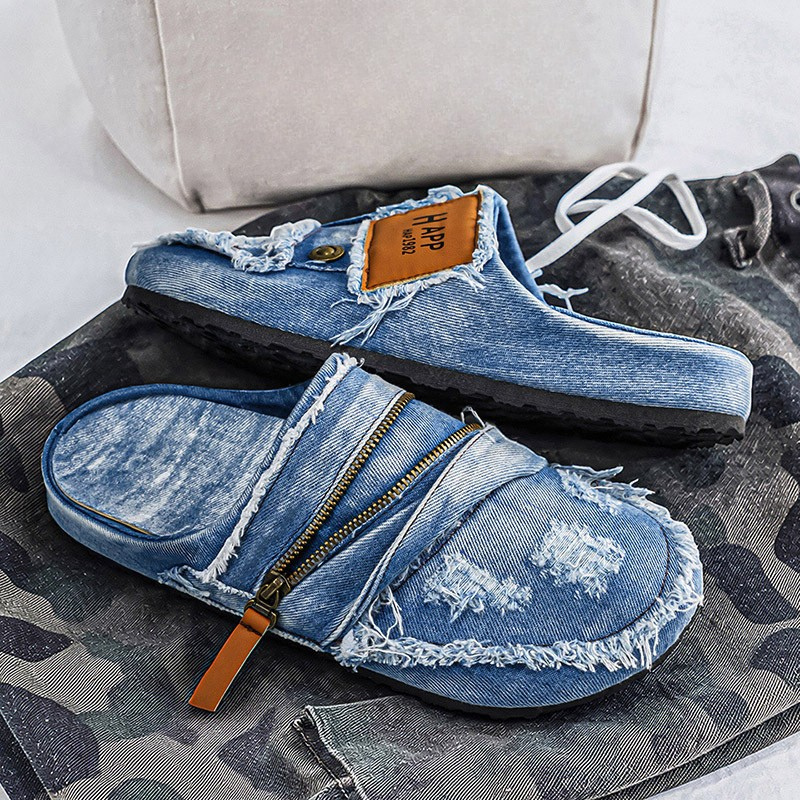 Comfortable men's casual mules, Harlow slip-on style with frayed edges and unique distressed streetwear look.