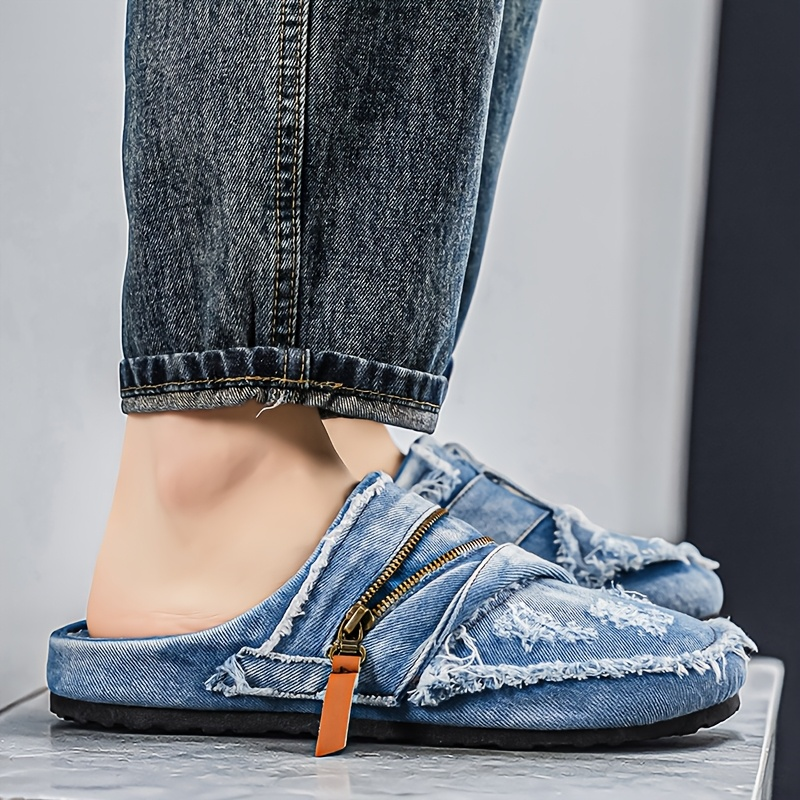 Harlow men's fashion mules, slip-on with textured frayed fabric, perfect for a distressed streetwear look.