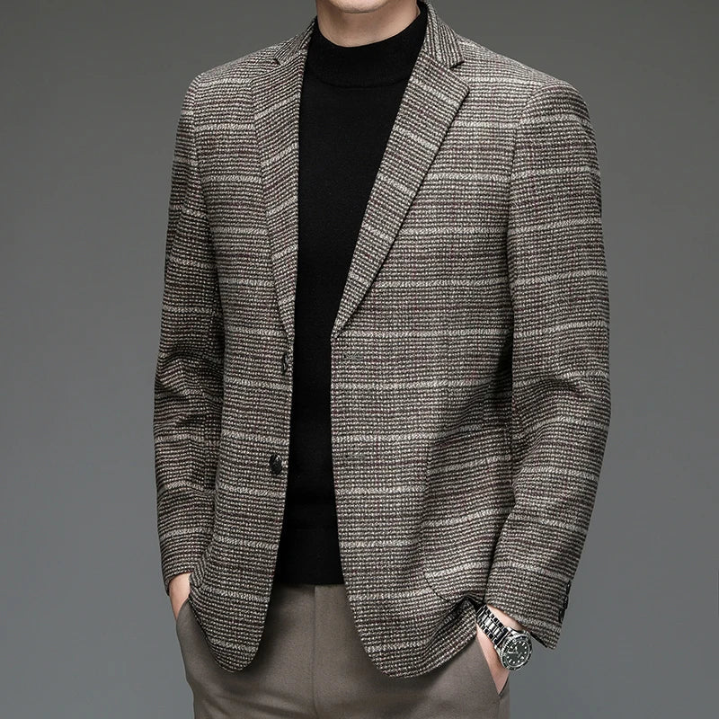 Navy blue men's Harrington blazer, slim fit, sophisticated for business casual & formal wear.
