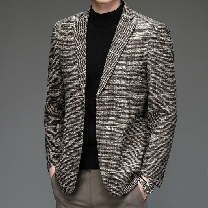 Navy blue men's Harrington blazer, slim fit, sophisticated for business casual & formal wear.