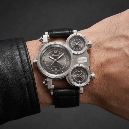 Black Hartwell men's oversized world-time quartz watch. Luxury statement timepiece with a bold style for men's fashion.