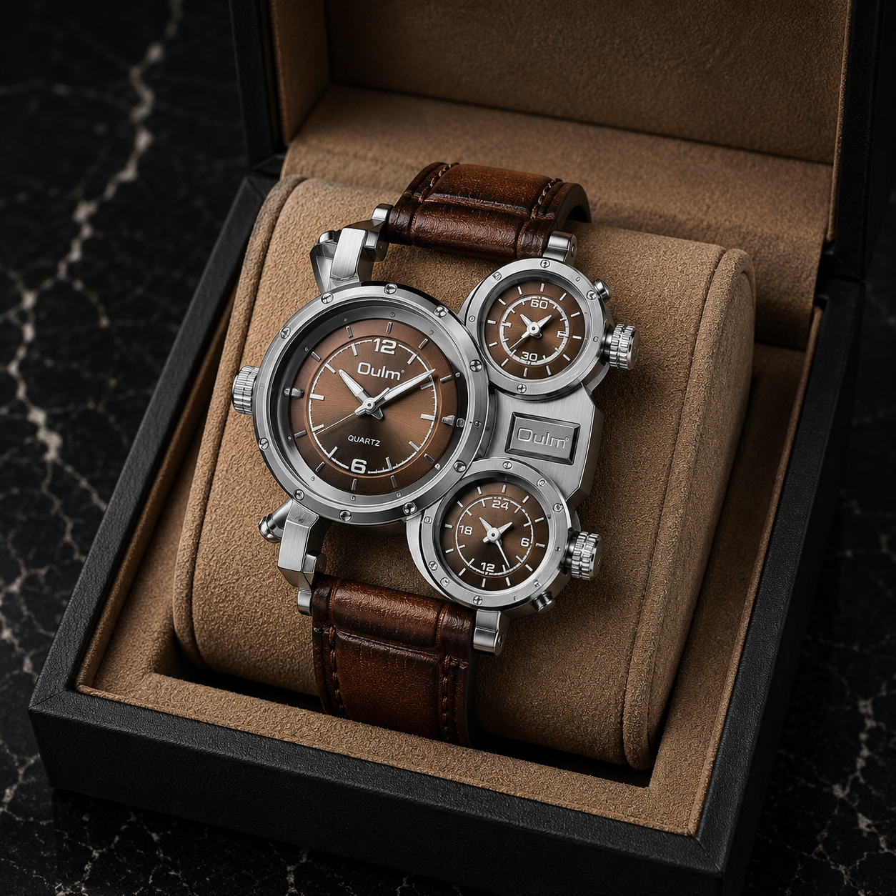 Brown Hartwell oversized men's quartz watch, world-time inspired. A sophisticated, bold fashion accessory for discerning men.