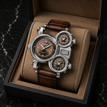 Brown Hartwell oversized men's quartz watch, world-time inspired. A sophisticated, bold fashion accessory for discerning men.