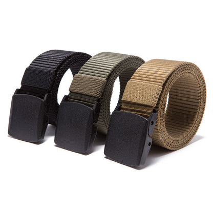 Men's heavy duty canvas belt, black, showcasing the quick-release buckle detail up close