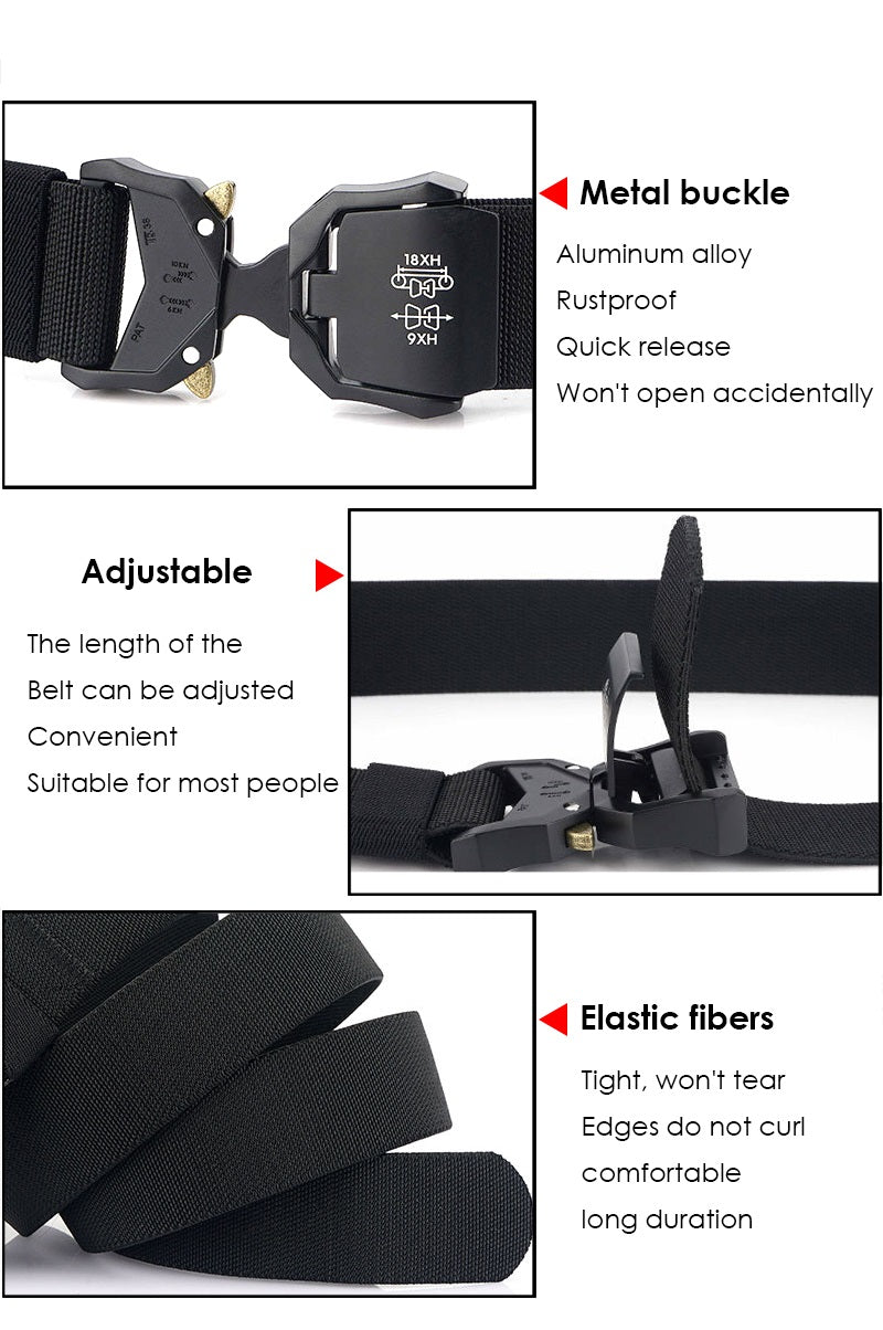 Close-up of durable black nylon webbing on a men's heavy-duty tactical belt, quick release system