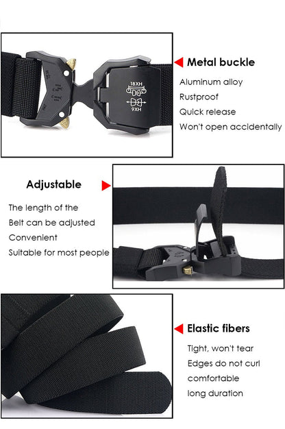 Close-up of durable black nylon webbing on a men's heavy-duty tactical belt, quick release system