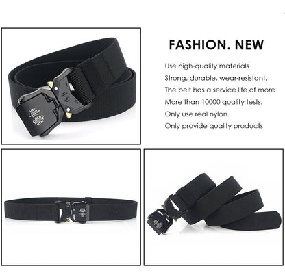 Quick release buckle detail on a black heavy-duty nylon tactical belt for men, outdoor utility