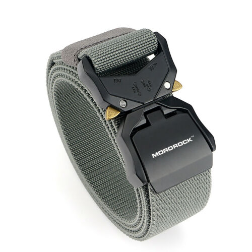 Full view of a men's heavy-duty military tactical belt, black nylon webbing, quick release buckle