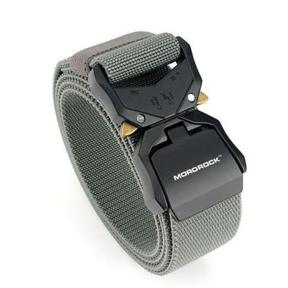 Full view of a men's heavy-duty military tactical belt, black nylon webbing, quick release buckle