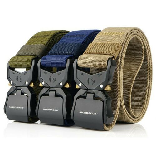 Unbuckled quick release mechanism on a men's heavy-duty tactical nylon belt, military & outdoor