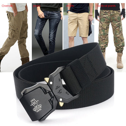 Men's outdoor heavy-duty tactical belt, black, quick release buckle, durable and adjustable nylon