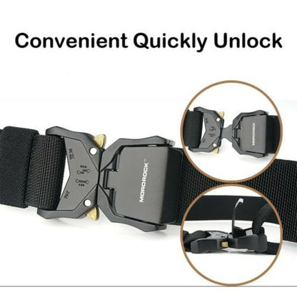 Folded black nylon men's tactical belt, quick release buckle, heavy-duty military and outdoor gear