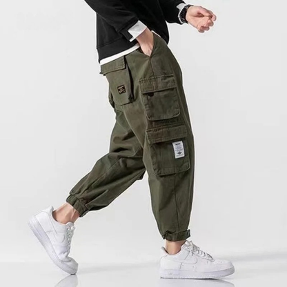 Heavyweight cotton cargo joggers for men, utility pockets, perfect athletic wear.