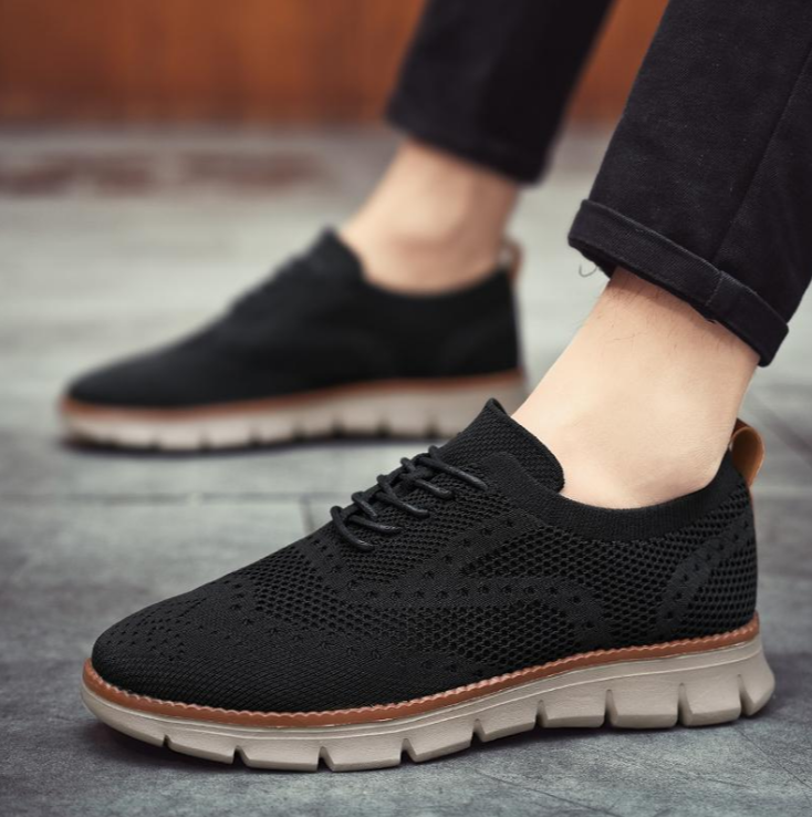 Men walking in brown brogue dress sneakers. Orthopedic comfort, breathable, perfect for daily wear.