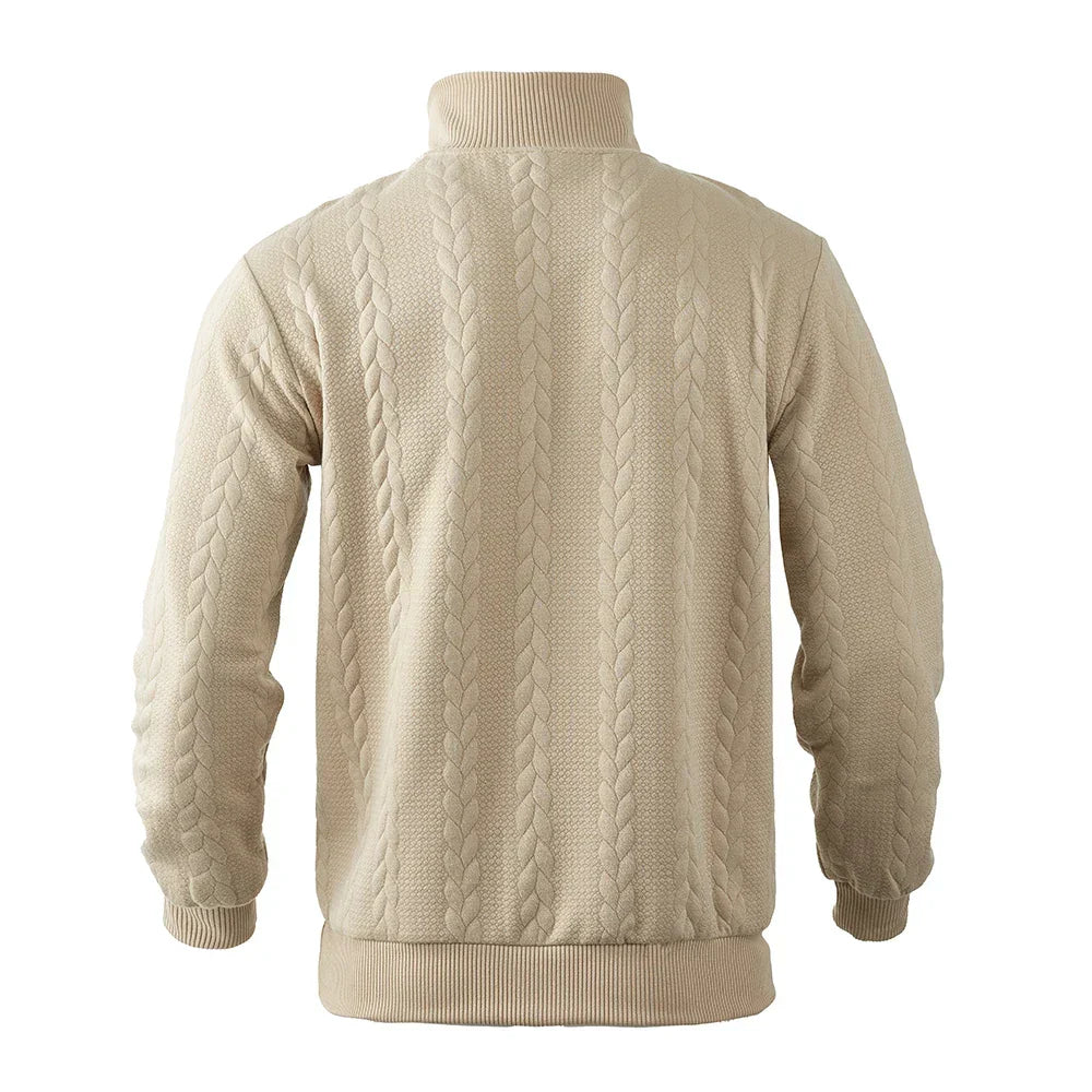Textured men's cable knit half-zip sweater, offering warmth, comfort & a stylish heritage look.