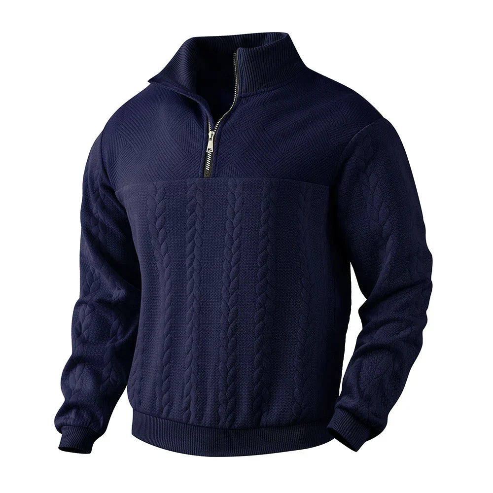Sophisticated men's tailored heritage cable knit half-zip sweater, perfect for versatile layering.