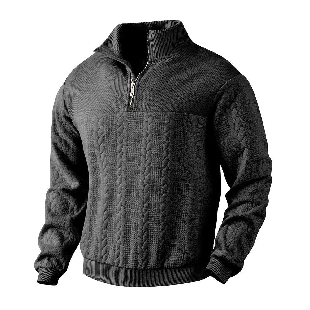 Versatile men's classic cable knit half-zip sweater, ideal for both casual and smart ensembles.
