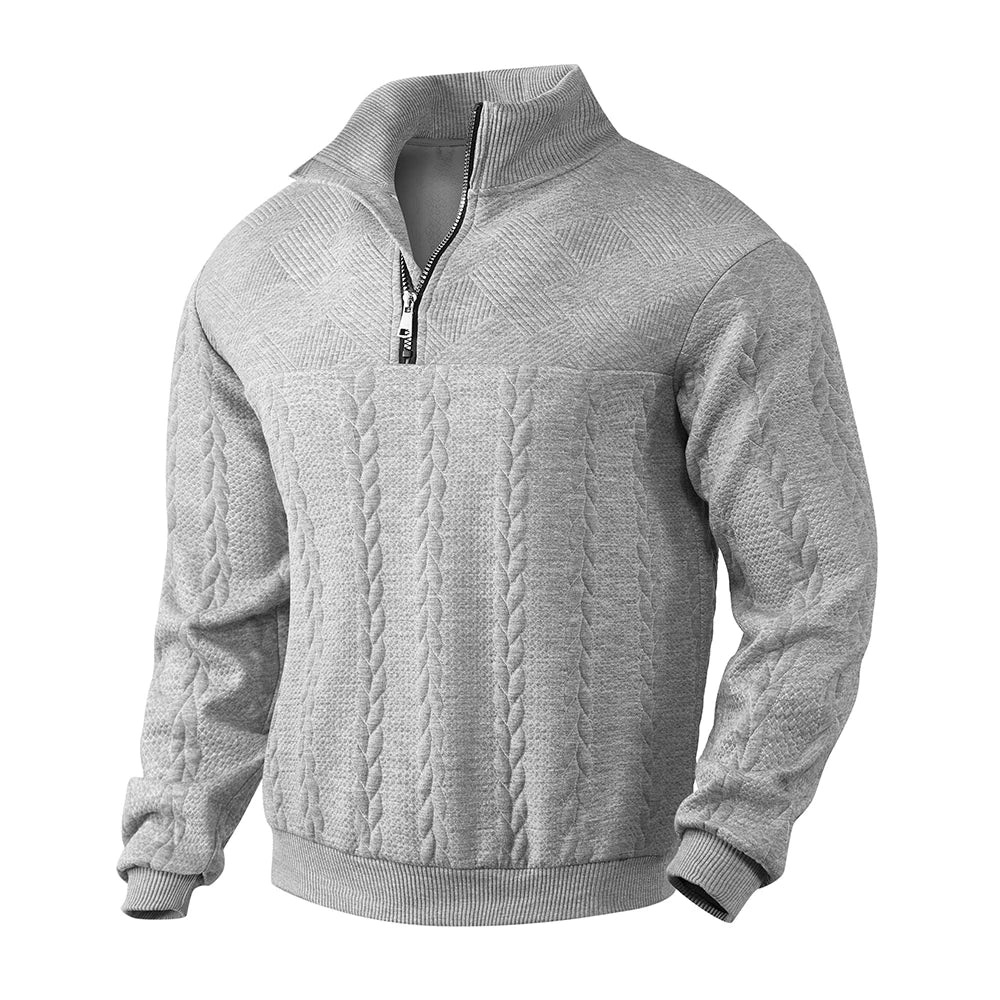Comfortable men's timeless cable knit half-zip sweater, a soft & stylish wardrobe essential.