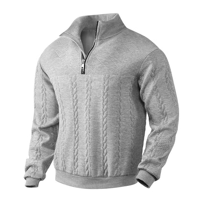 Comfortable men's timeless cable knit half-zip sweater, a soft & stylish wardrobe essential.
