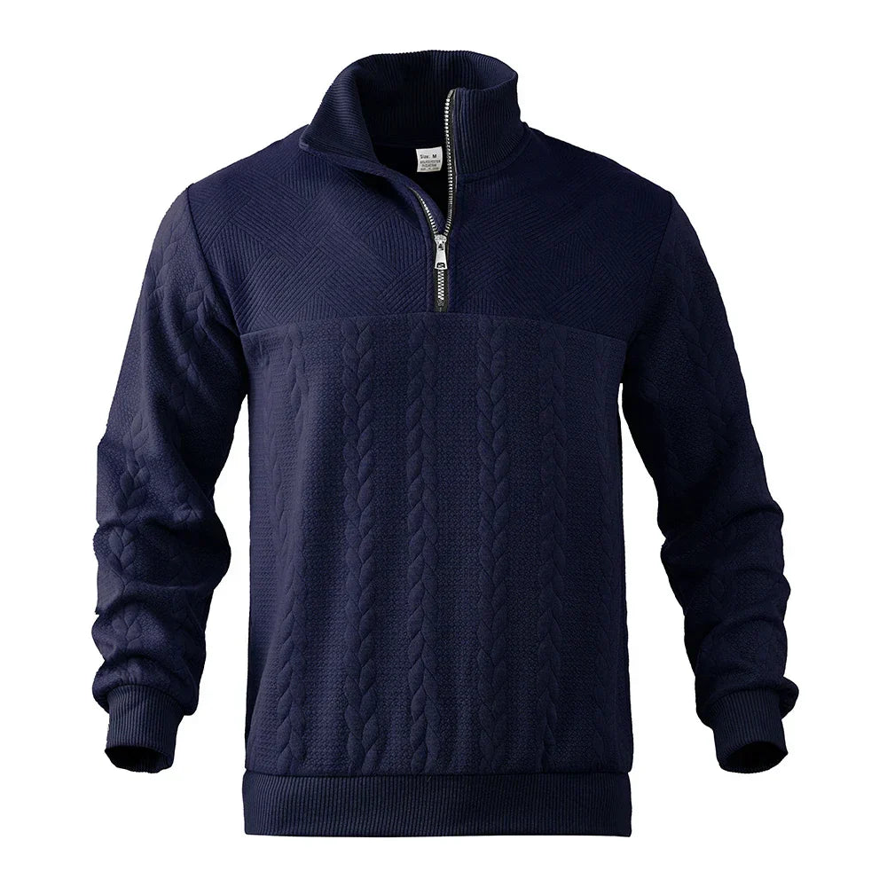 Close-up of the intricate cable knit pattern on a men's heritage half-zip sweater, showcasing quality.