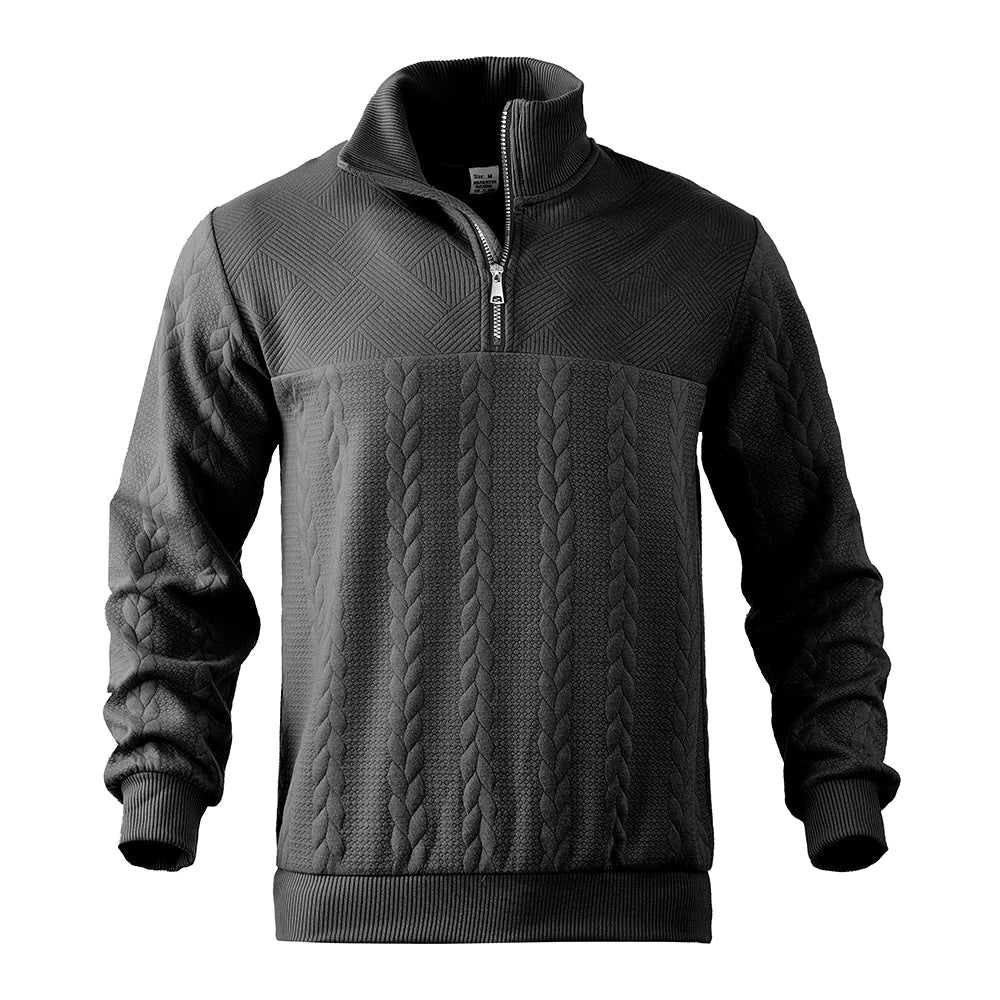 Stylish men's half-zip cable knit sweater, providing a comfortable, versatile & classic look.