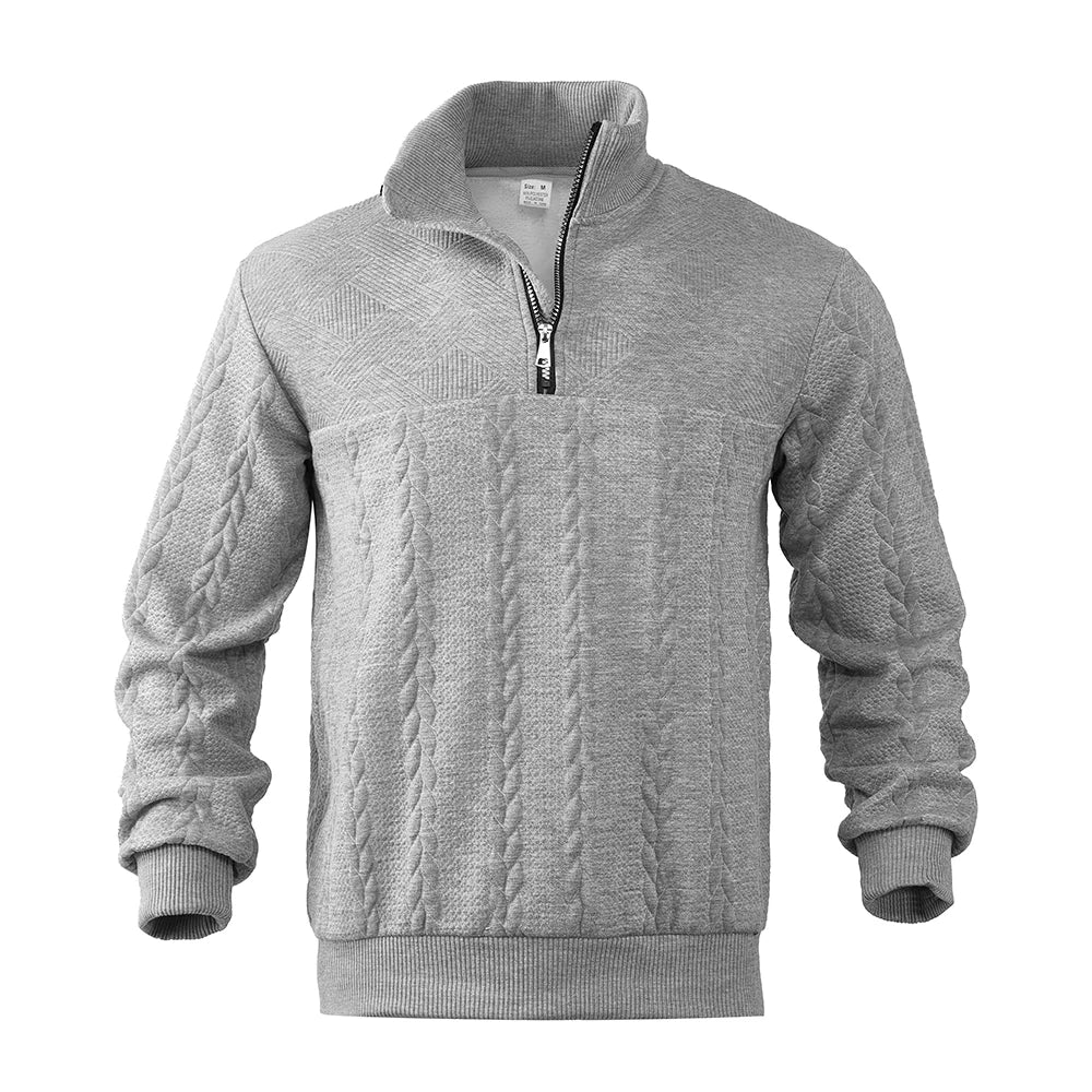 Premium men's heritage cable knit sweater with half-zip, a sophisticated, timeless & tailored piece.