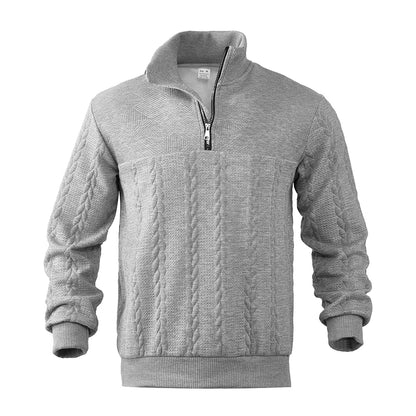 Premium men's heritage cable knit sweater with half-zip, a sophisticated, timeless & tailored piece.