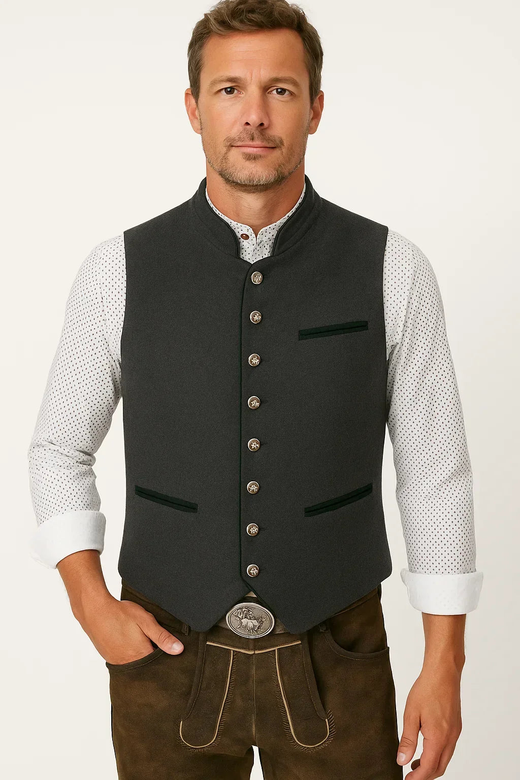 Men's heritage embroidered black formal dress waistcoat, tailored for a classic traditional look.