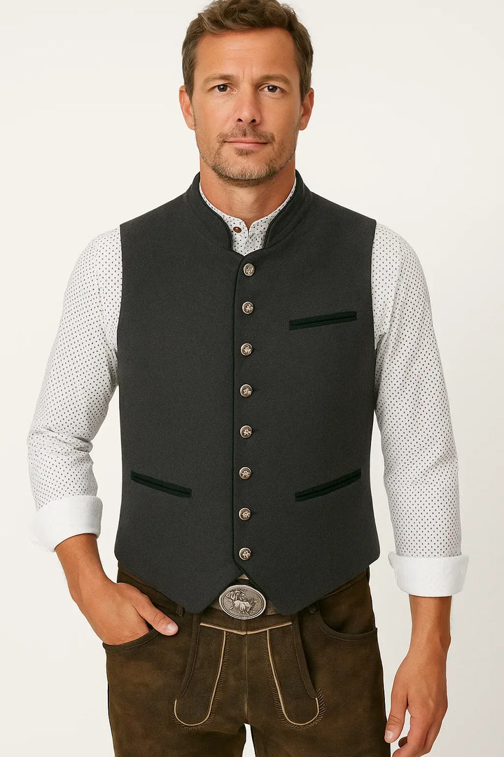 Men's heritage embroidered black formal dress waistcoat, tailored for a classic traditional look.