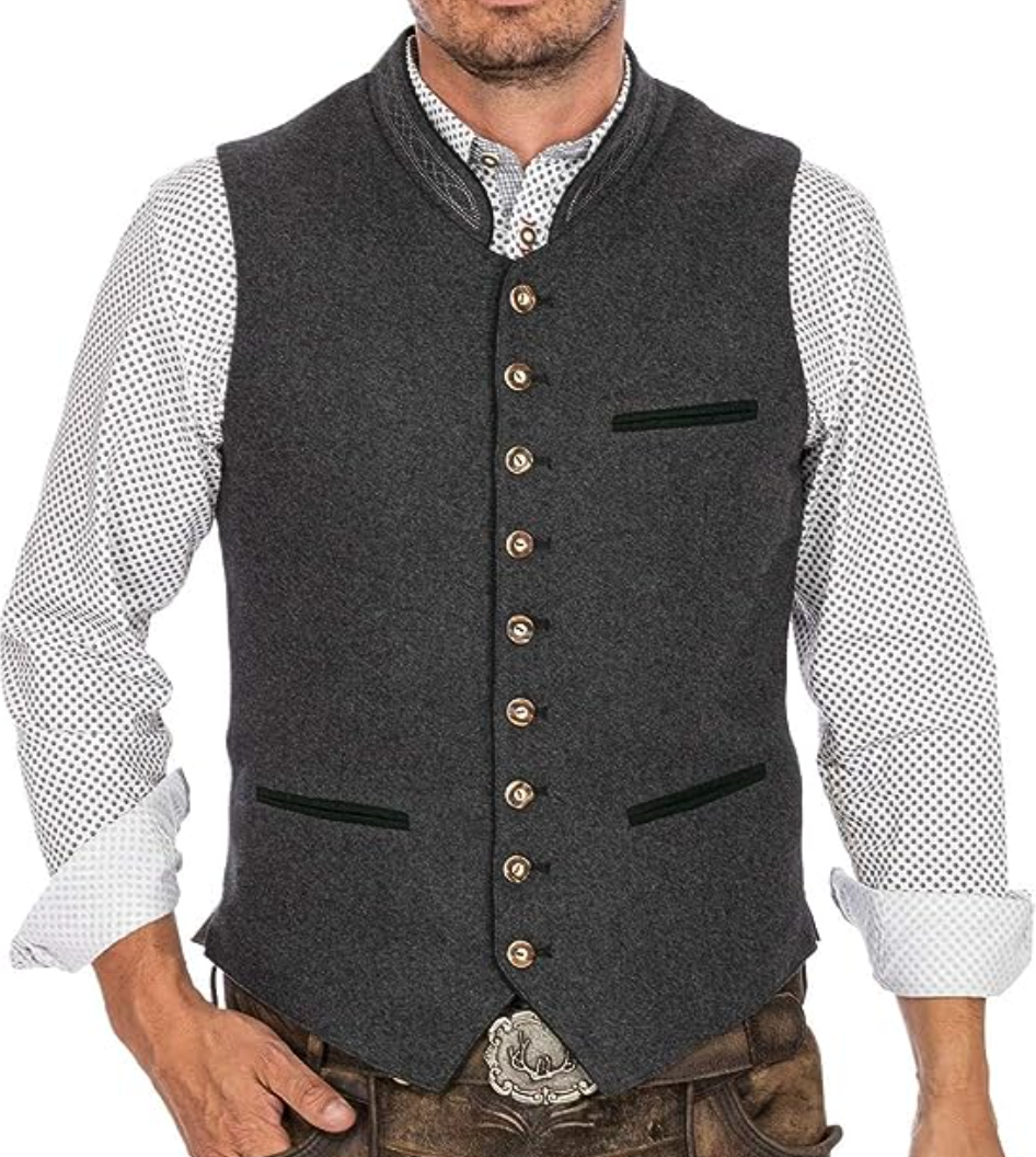 Tailored black men's formal vest with intricate heritage embroidery, perfect for a traditional dress suit.