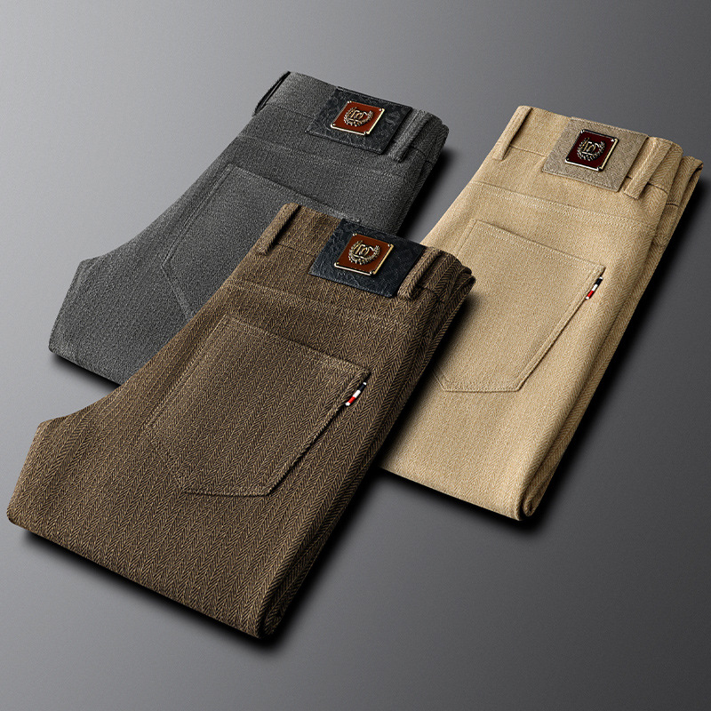 Classic fit men's tailored herringbone trousers. Versatile for office, casual wear & men's fashion.