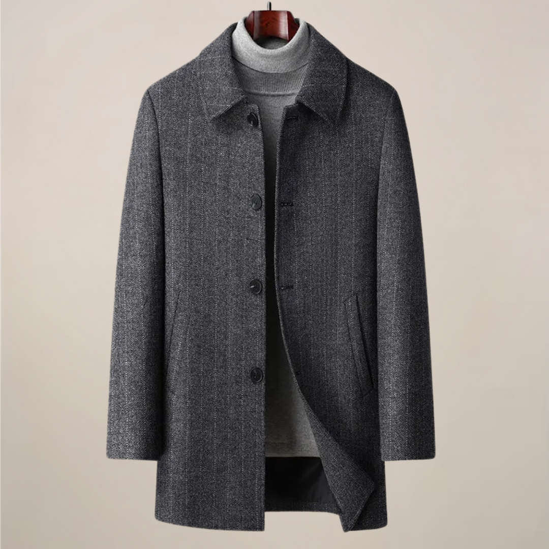 Men's herringbone car coat, tailored fit, button front. Perfect for smart casual or business attire.