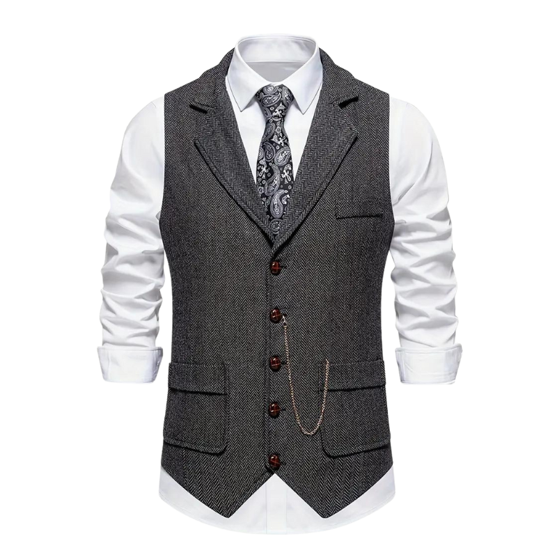 Sophisticated men's herringbone vest, ideal for all-season wear; a versatile addition to men's fashion.