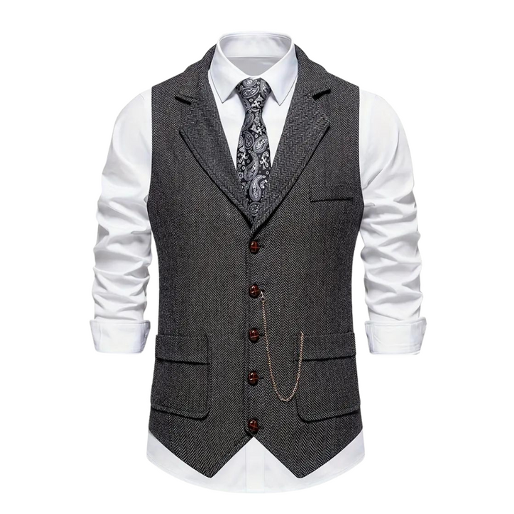 Sophisticated men's herringbone vest, ideal for all-season wear; a versatile addition to men's fashion.